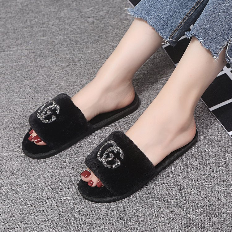Wholesale new arrival indoor slippers - direct from the manufacturer: autumn korean style fuzzy rhinestone thong slippers for home
