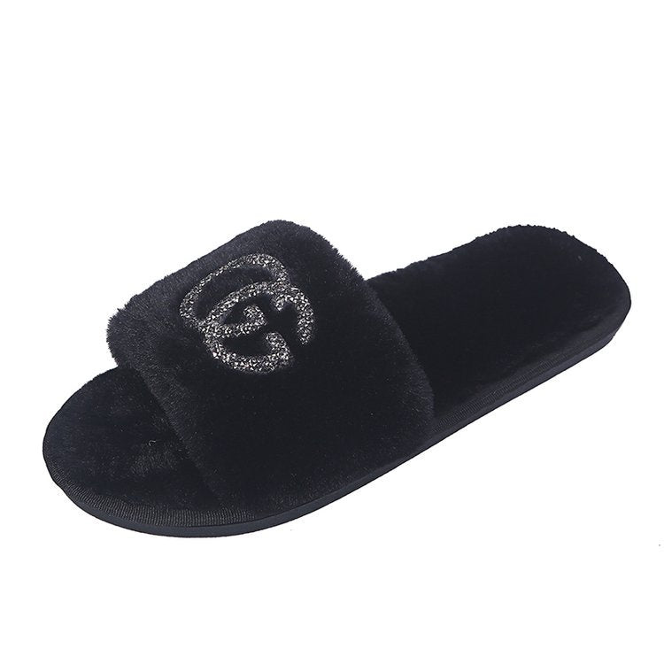 Wholesale new arrival indoor slippers - direct from the manufacturer: autumn korean style fuzzy rhinestone thong slippers for home
