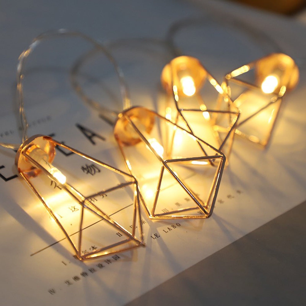 Cross-border new product 3 meters 20LED wrought iron diamond light string, water drop geometric small lantern Christmas decorative battery light