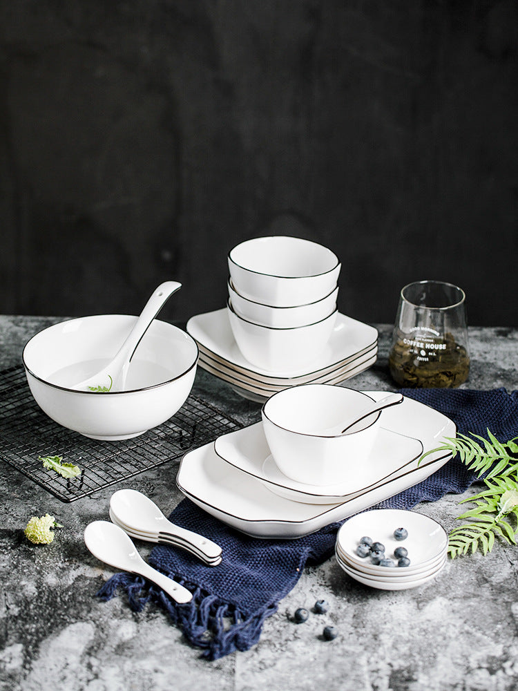 Japanese-style dinnerware set: nordic minimalist hand-painted black rim ceramic bowls and plates for home use - perfect for serving meals and rice