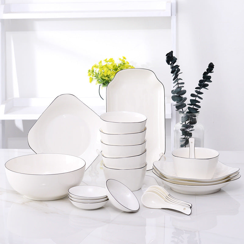 Japanese-style dinnerware set: nordic minimalist hand-painted black rim ceramic bowls and plates for home use - perfect for serving meals and rice
