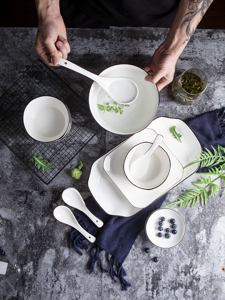 Japanese-style dinnerware set: nordic minimalist hand-painted black rim ceramic bowls and plates for home use - perfect for serving meals and rice
