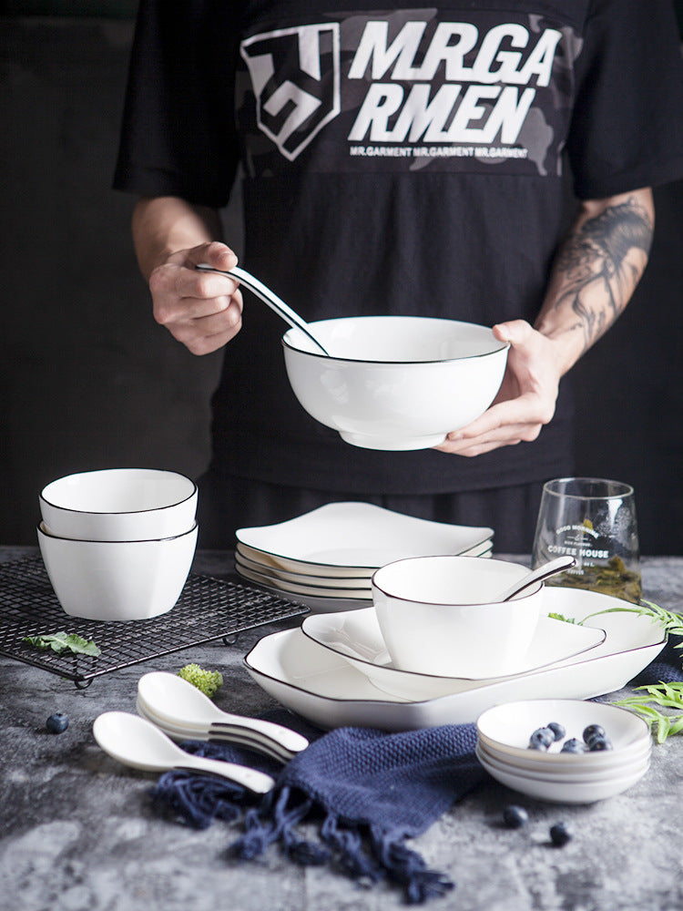 Japanese-style dinnerware set: nordic minimalist hand-painted black rim ceramic bowls and plates for home use - perfect for serving meals and rice
