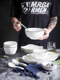 Japanese-style dinnerware set: nordic minimalist hand-painted black rim ceramic bowls and plates for home use - perfect for serving meals and rice