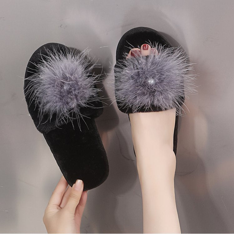 2024 new korean style women's cotton slippers - fashionable ostrich feather indoor/outdoor home slippers - autumn/winter women's warm slippers