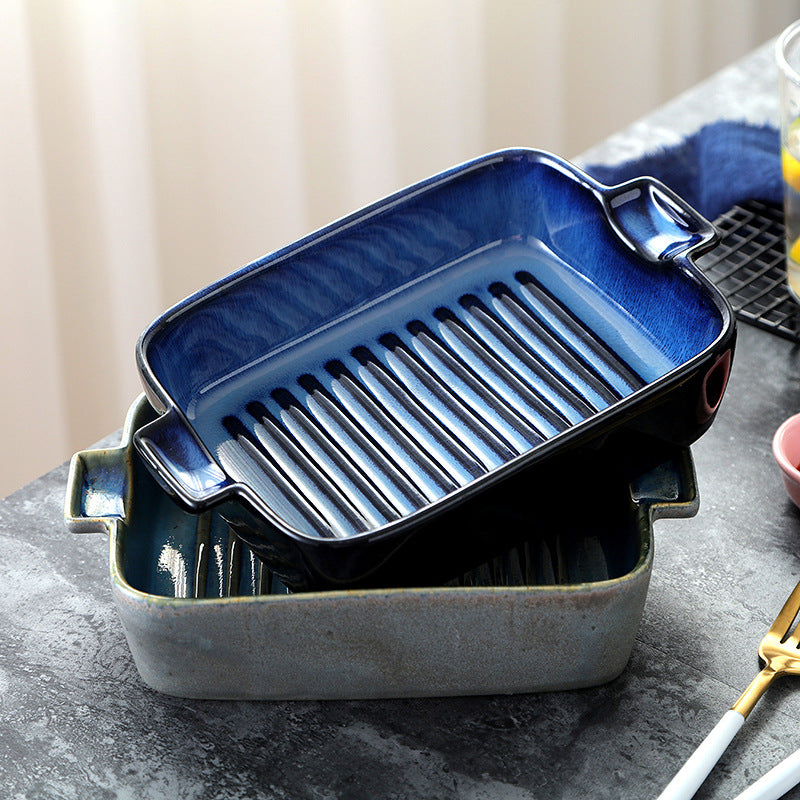 Creative kiln-turned double-ear ceramic baking dish, baking tool, cheese rice, pizza plate, pasta plate, factory direct sales