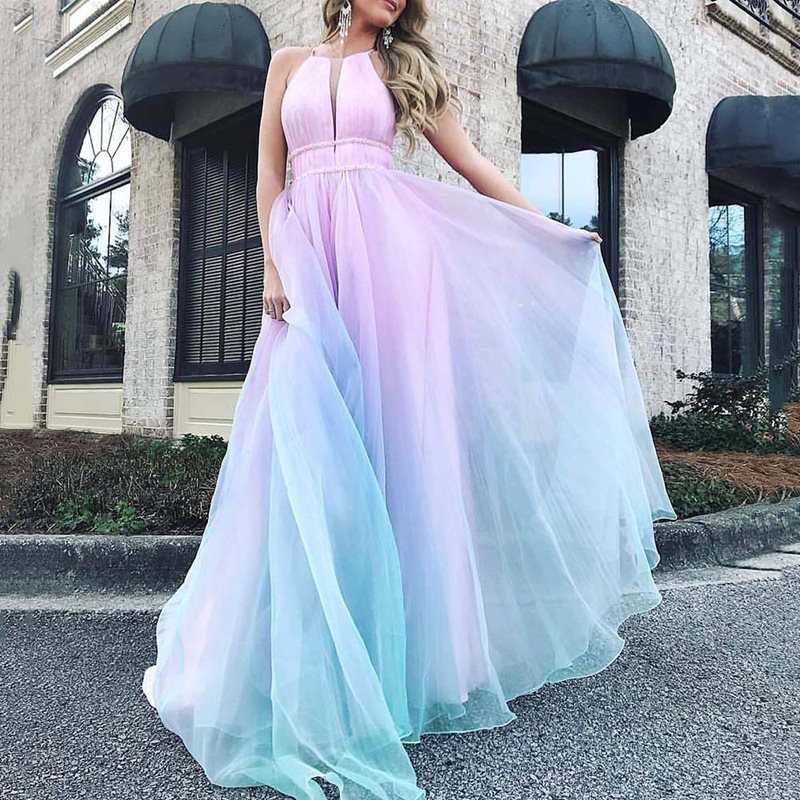 summer new arrivals: european and american style printed sexy dress - gradient sleeveless deep v maxi dress