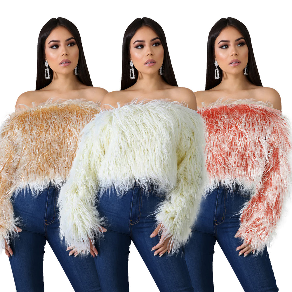 Wish independent station  hot selling european and american women's clothing sexy one shoulder gradient color anti-long fur short tops