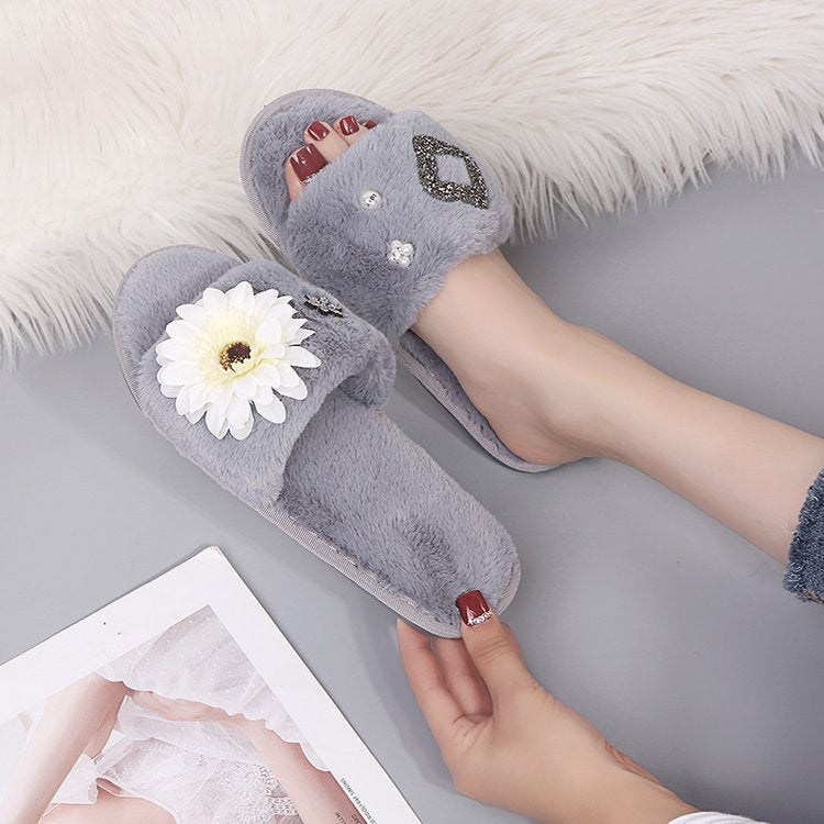Korean department store new arrival: chic & luxurious floral plush slippers - women's fashionable, high-end rhinestone thong sandals