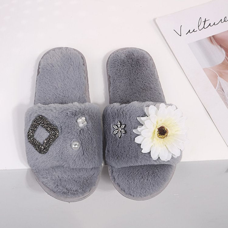 Korean department store new arrival: chic & luxurious floral plush slippers - women's fashionable, high-end rhinestone thong sandals