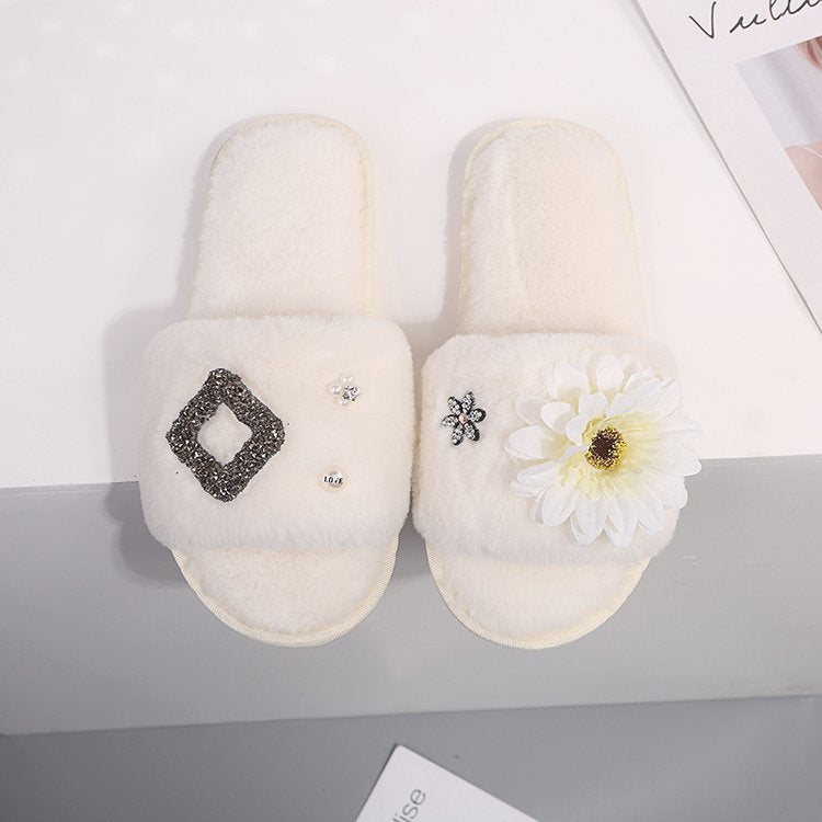 Korean department store new arrival: chic & luxurious floral plush slippers - women's fashionable, high-end rhinestone thong sandals