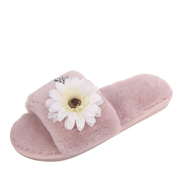 Korean department store new arrival: chic & luxurious floral plush slippers - women's fashionable, high-end rhinestone thong sandals