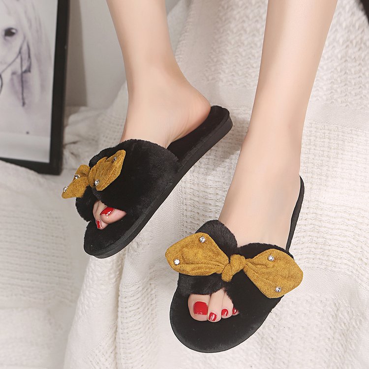 2024 new autumn plush rhinestone slippers women's fleece-lined bow open-toe home slippers wholesale direct from manufacturer