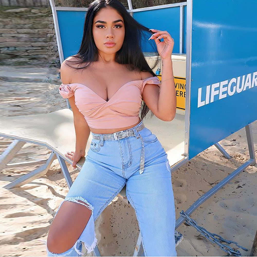 2025 fashion new arrival cross-border ebay independent station women's pure colorv neck chest-wrapped silm navel-baring t-shirt in stock short sleeves