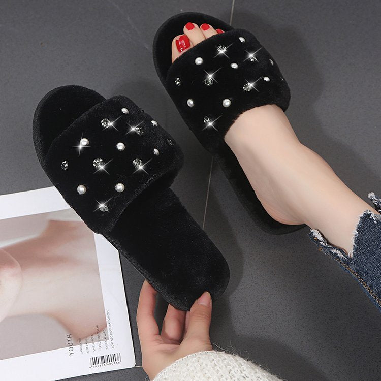 Factory direct 2024 autumn/winter new korean style pearl fuzzy slippers women's home flat indoor slippers wholesale