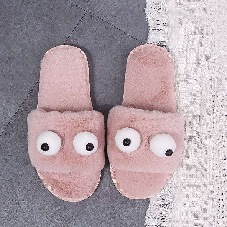 Korean autumn/winter new thickened plush warm slippers - big eyes, one-strap, women's cartoon flat cotton slippers (matching styles available)