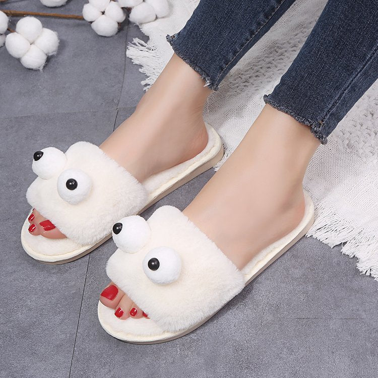 Korean autumn/winter new thickened plush warm slippers - big eyes, one-strap, women's cartoon flat cotton slippers (matching styles available)