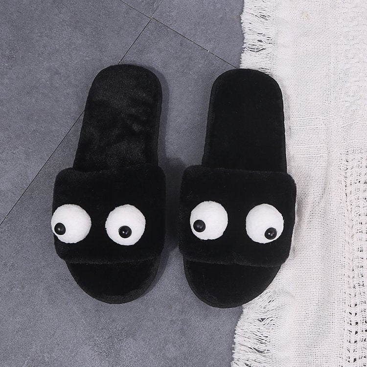 Korean autumn/winter new thickened plush warm slippers - big eyes, one-strap, women's cartoon flat cotton slippers (matching styles available)