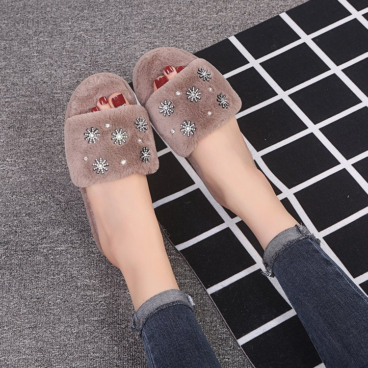 Winternew arrival rhinestone fur slippers women's indoor home flatsheattech open toe one-piece stuffed slippers floor mops