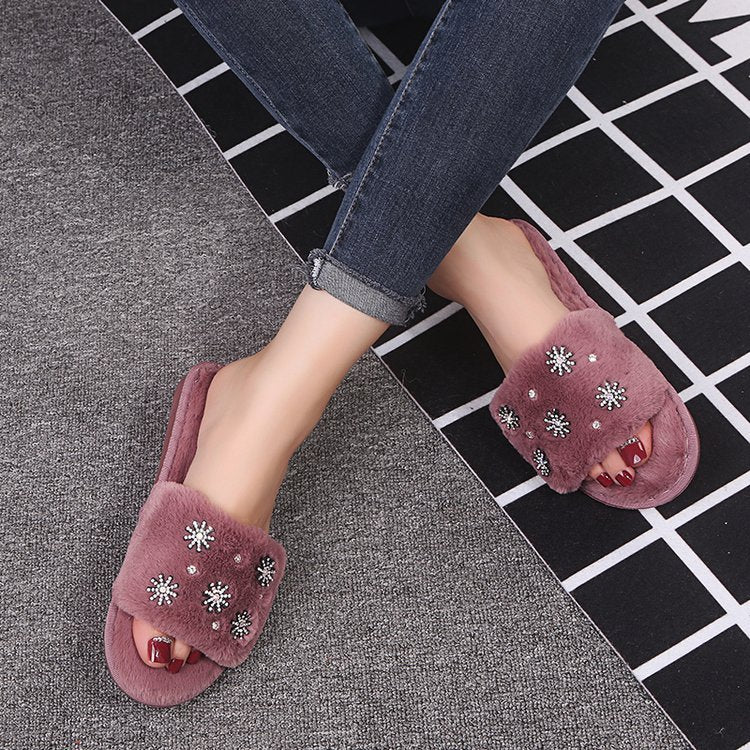 Winternew arrival rhinestone fur slippers women's indoor home flatsheattech open toe one-piece stuffed slippers floor mops
