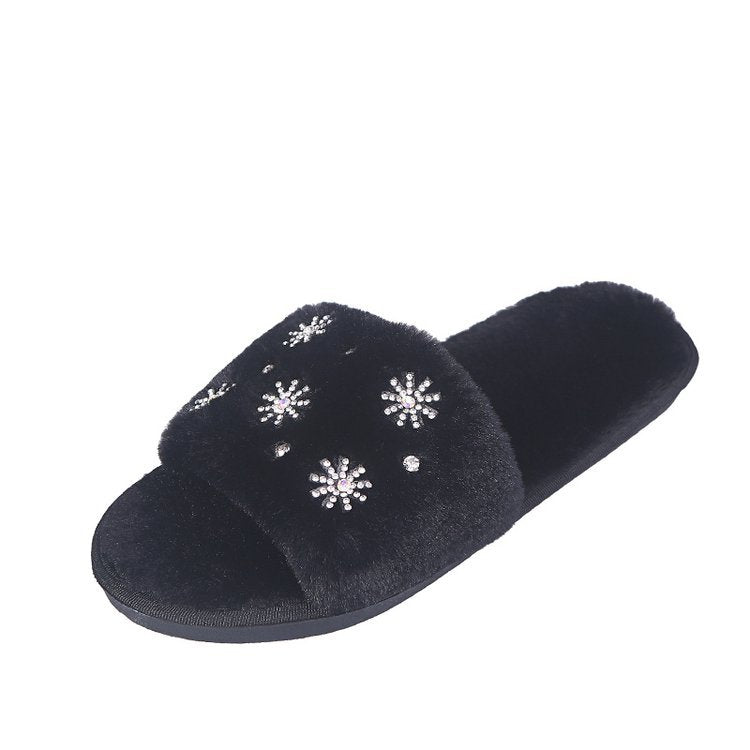 Winternew arrival rhinestone fur slippers women's indoor home flatsheattech open toe one-piece stuffed slippers floor mops