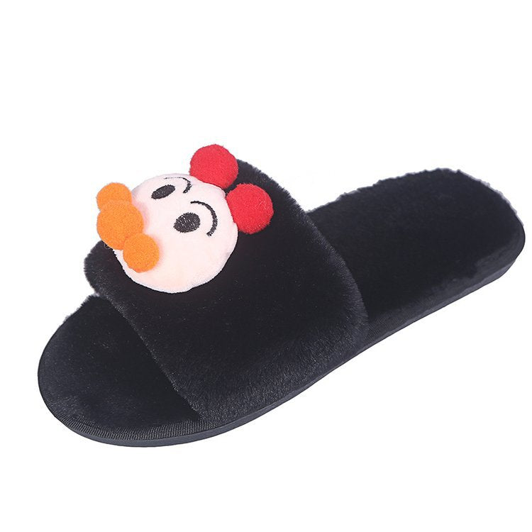 Cartoon kids' fuzzy slippers - unisex, parent-child, indoor, flat, warm, open-toe, plush slippers for autumn and winter