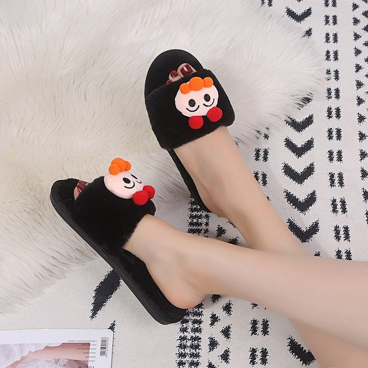 Cartoon kids' fuzzy slippers - unisex, parent-child, indoor, flat, warm, open-toe, plush slippers for autumn and winter