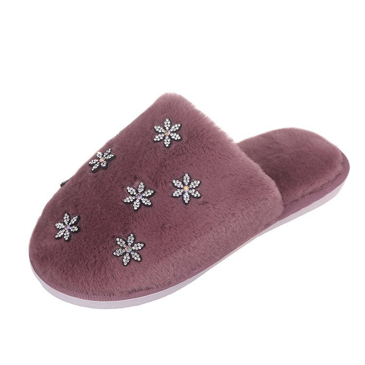 2024 fall/winter new korean style rhinestone fuzzy slippers - trendy chic women's slippers for outdoor wear - dropshipping available