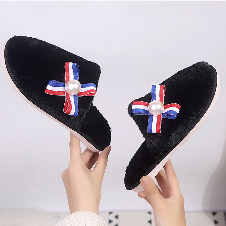 Baotou furry slippers for women 2024 autumn winter new arrival k-stylestripes pearl flats heelless lazy slippers for women