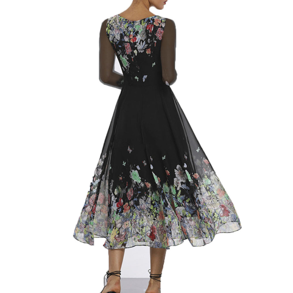 summer new arrivals: european and american style women's printed sexy hollow-out slim-fit long sleeve dress with lace and flared skirt