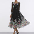 summer new arrivals: european and american style women's printed sexy hollow-out slim-fit long sleeve dress with lace and flared skirt