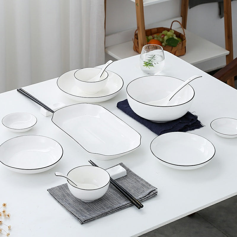 Minimalist european black line dinnerware set - ceramic plates, bowls, and dishes for hotel and home use - customizable dinnerware set