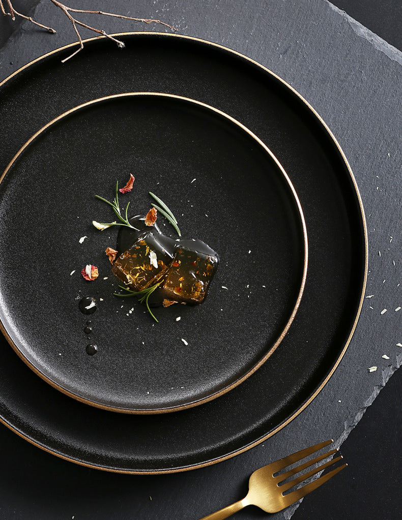 Ceramic dinnerware black matte gold rim steak plate high-end hotel home western dinner plate salad plate dish