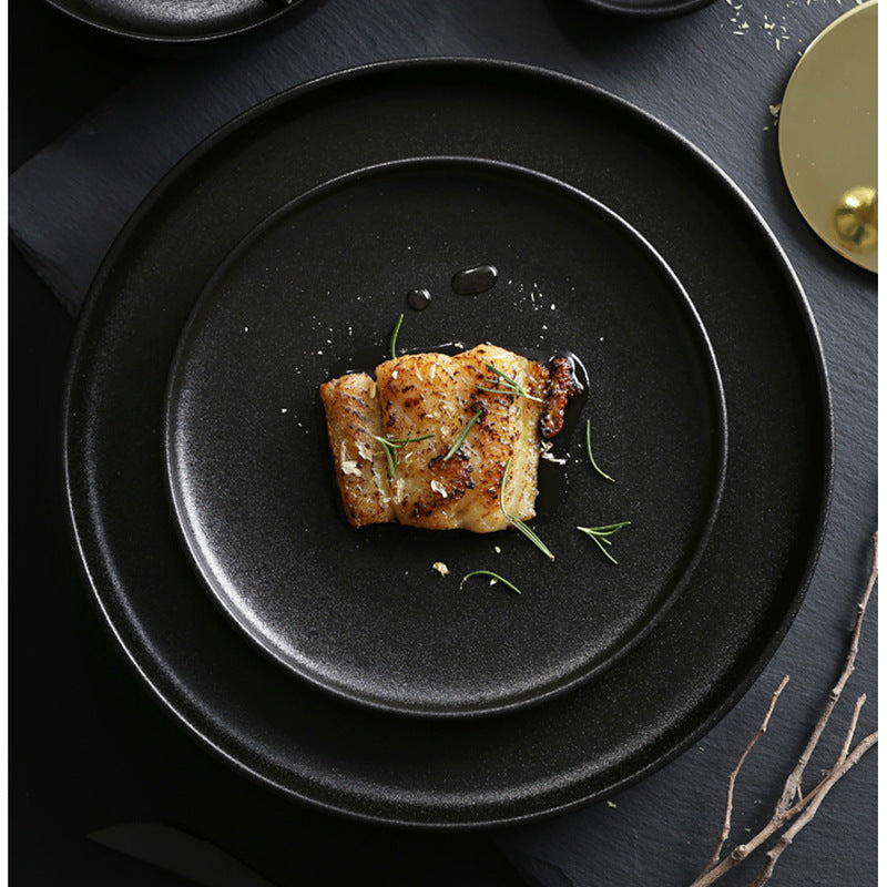 Ceramic dinnerware black matte gold rim steak plate high-end hotel home western dinner plate salad plate dish