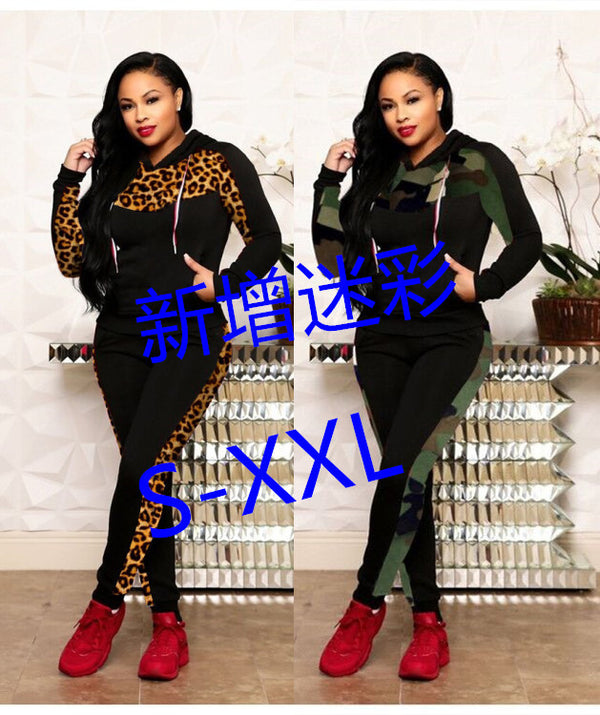 Y5141 autumn and winter new wholesale European and American women's clothing leopard print splicing casual hooded two-piece set