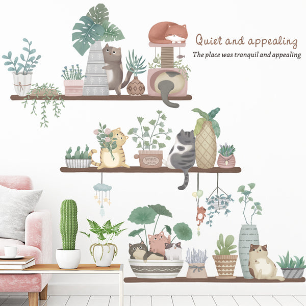 Removable wall sticker cat flower pot plant leaves warm small fresh self-adhesive wall sticker bedroom, wind room