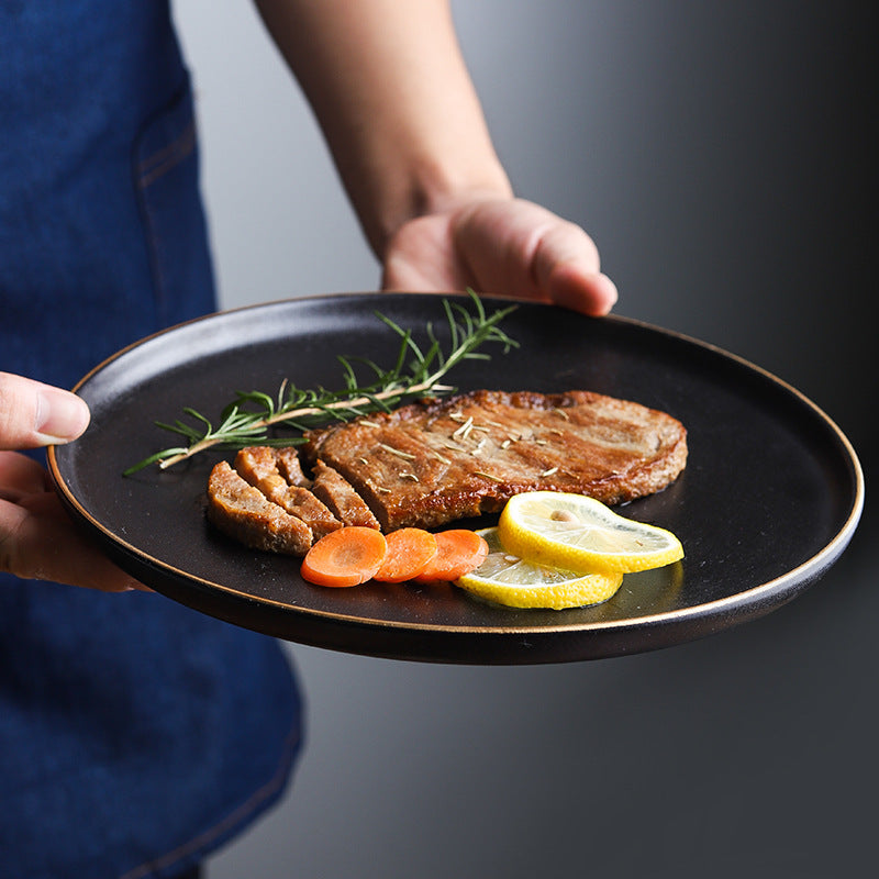 Ceramic frosted steak plate - flat bottom, rimmed, flat plate - western restaurant & hotel tableware, shallow plate for home use