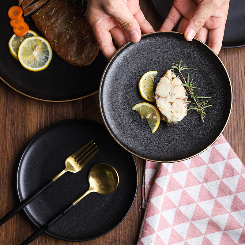 Ceramic frosted steak plate - flat bottom, rimmed, flat plate - western restaurant & hotel tableware, shallow plate for home use