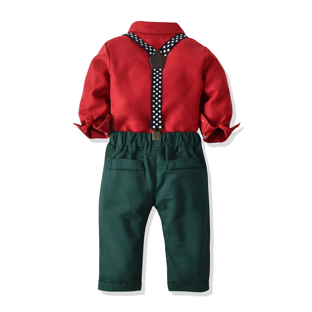 Autum children's clothing boys multi-color shirt suspenders two-piece set christmas suit source