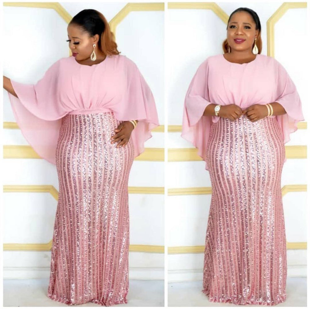 Kayat cross-border supply: african women's clothing - heavily beaded sequin patchwork chiffon batwing sleeve evening gown dress