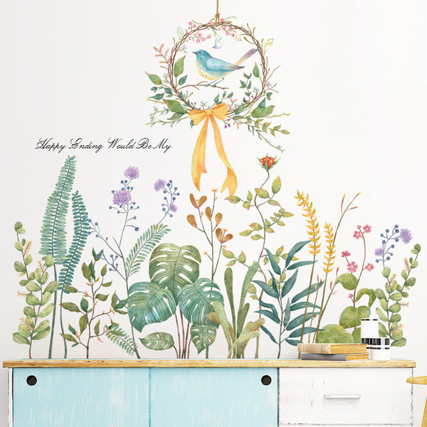 Wall sticker green leaf literary ins skirting sticker door Nordic fresh and simple wall decoration painting, Liu'an smell warbler