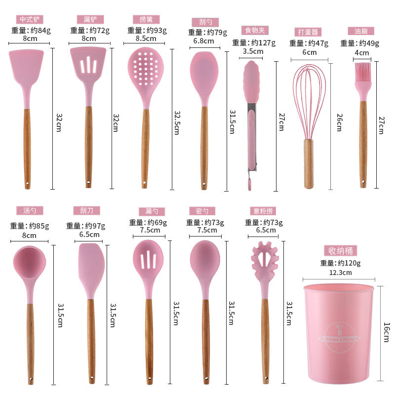 in stock wooden handle silicone 12-piece suitfor home kitchenware non-stick cooking spatula spoon baking kitchenware