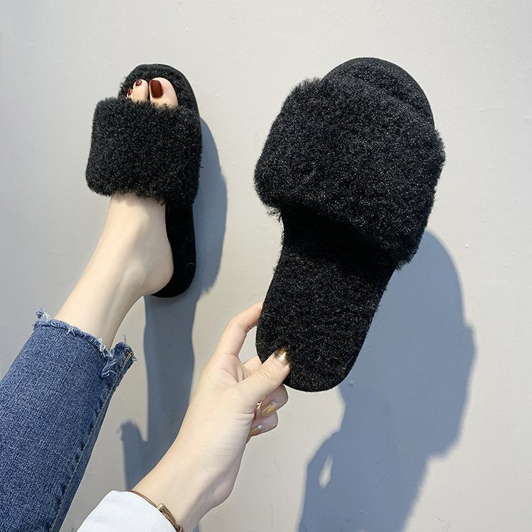 direct supply from manufacturers, wholesale new fuzzy slippers, korean style flip-flops, home wear thickened flat-bottomed plush slippers for women