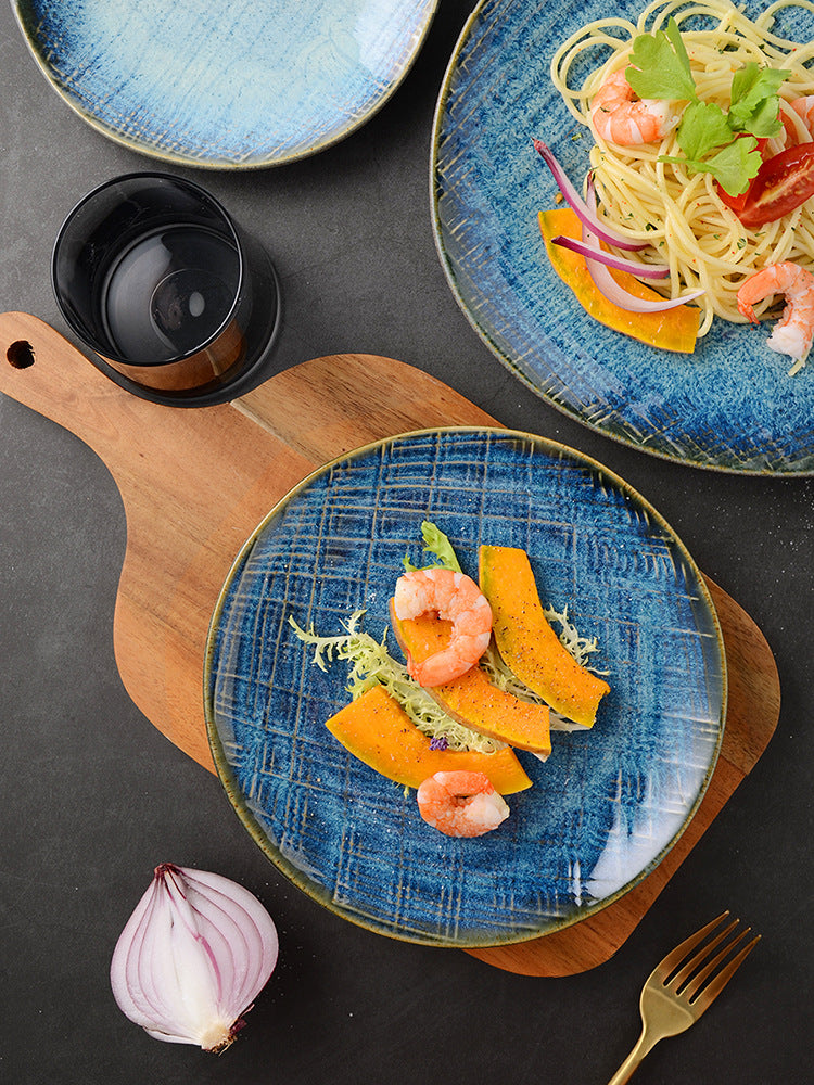 Creative japanese western food plate ceramic special-shaped shallow plate steak plate kiln-turned retro plate for home vegetable plate wholesale