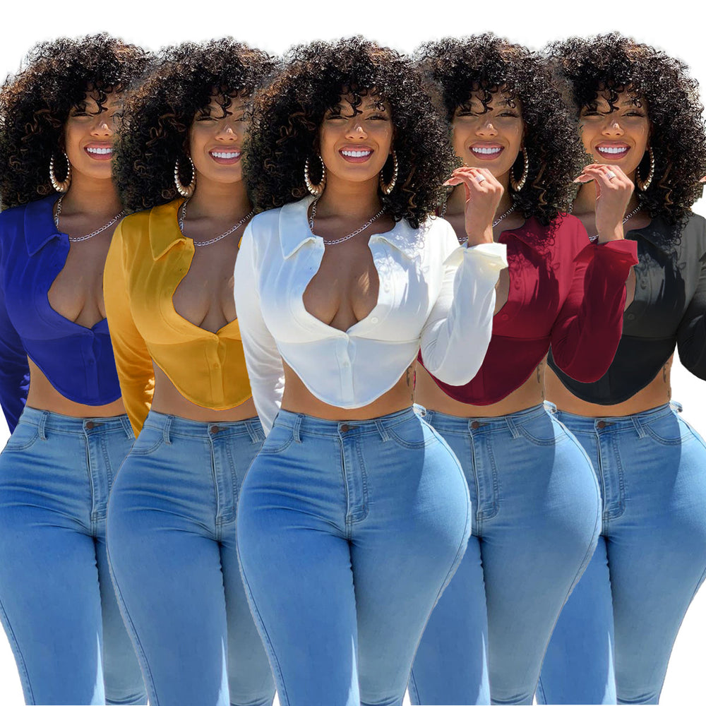2020     european and american new women's blouse turn-down collar short shirt sexy women's clothing