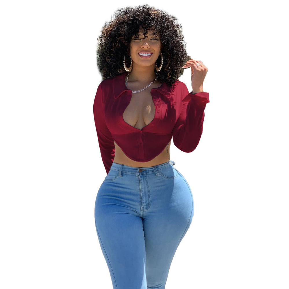 2020     european and american new women's blouse turn-down collar short shirt sexy women's clothing