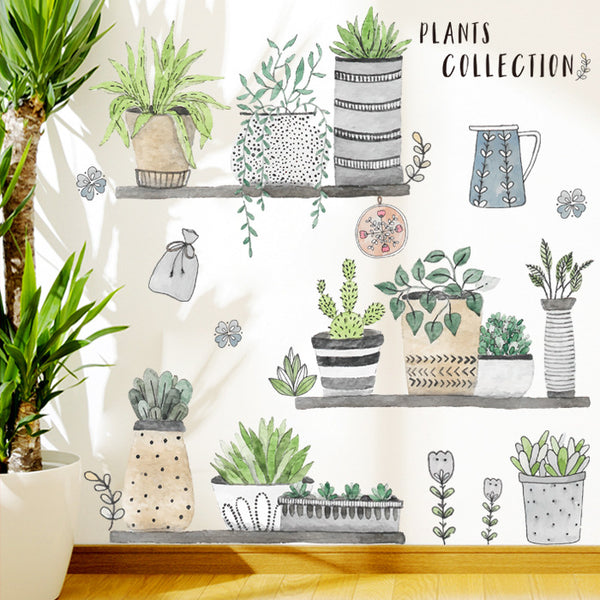 Wall stickers green leaves potted plants succulent literary and fresh living room bedroom dormitory plant stickers Nordic wall flowers self-adhesive