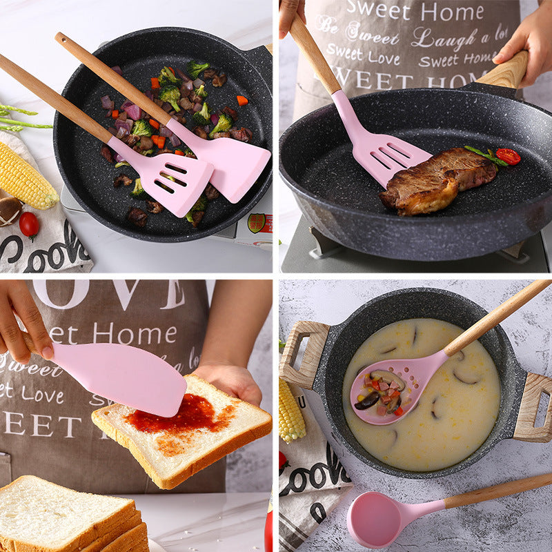 in stock wooden handle silicone 12-piece suitfor home kitchenware non-stick cooking spatula spoon baking kitchenware