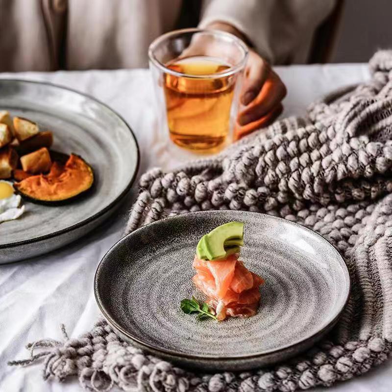 Retro creative steak plate breakfast plate japanese style stone thread tableware dish plate for home western food plate flat plate glazed porcelain
