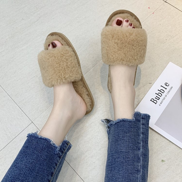 direct supply from manufacturers, wholesale new fuzzy slippers, korean style flip-flops, home wear thickened flat-bottomed plush slippers for women